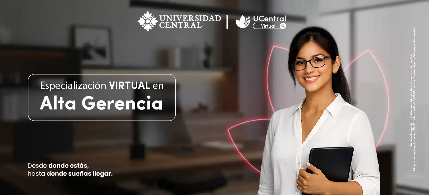  Estudiante profesional sosteniendo una tablet frente a una oficina moderna, promocionando la especialización virtual en alta gerencia de la Universidad Central.d	