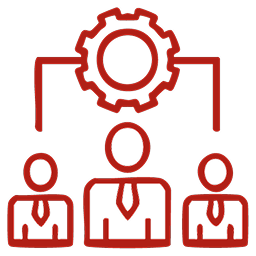 Icono de equipo de trabajo conectado a un engranaje que representa el área de auditoría interna en la especialización en auditoría y control interno