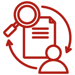 Icono de lupa, documento y usuario que representa el perfil de oficiales de cumplimiento en la especialización en gerencia tributaria y auditoría de impuestos.