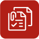 Icono rojo con documentos y lista de verificación que representa la revisoría fiscal y auditoría forense en procesos de control y análisis financiero