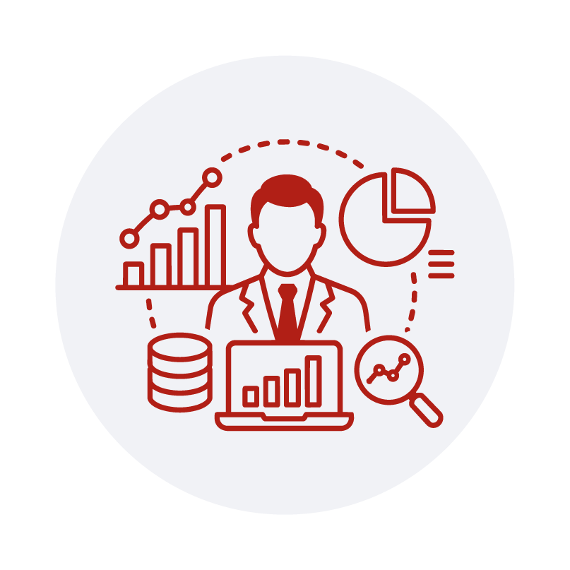 Icono de dashboard con gráfico y lupa que representa el uso de Business Analytics aplicado a la gestión pública