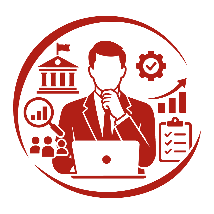 Icono de profesional frente a un computador que representa el cargo de Consultor en Gestión Pública y Modernización Institucional