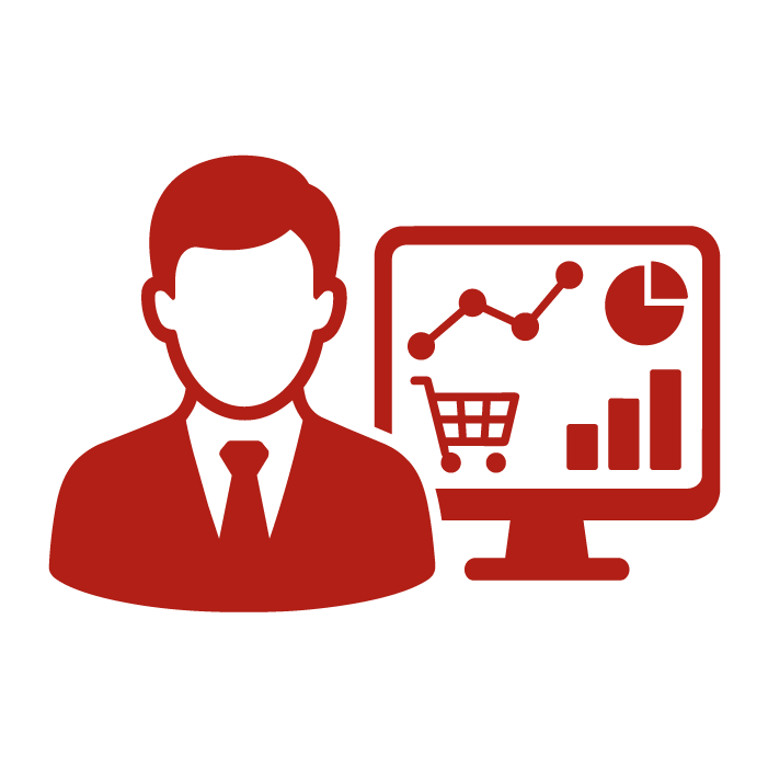 Analista frente a un monitor con gráfico de crecimiento, gráfico circular, indicadores y un carrito de compras, representación de la analítica para e-commerce.