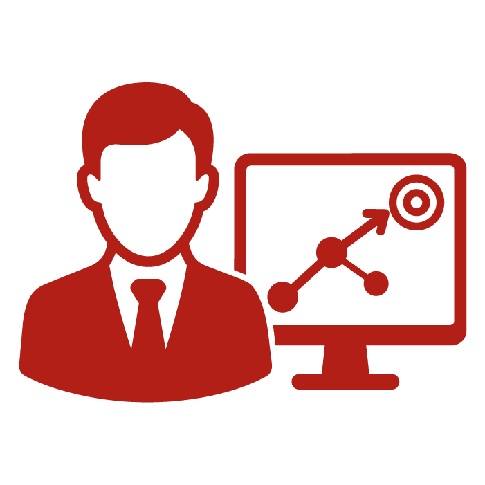 Estratega frente a un monitor con una ruta ascendente de puntos que termina en una diana, representación de una estrategia de e-commerce orientada a objetivos.