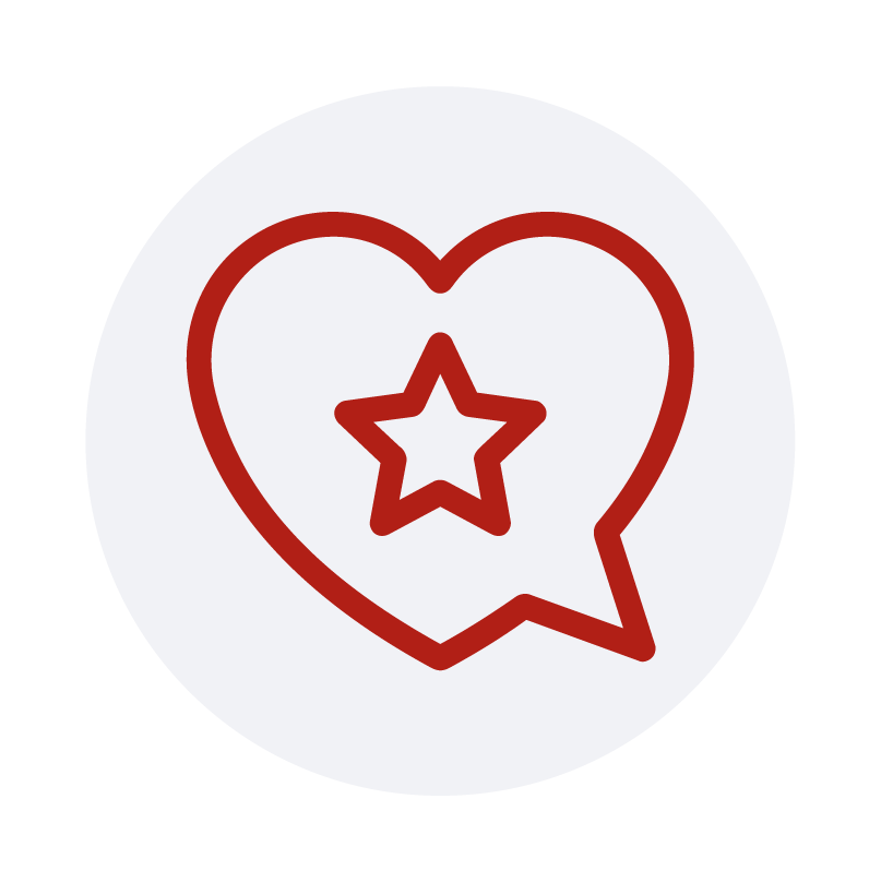 Burbuja de diálogo en forma de corazón con una estrella en el centro, símbolo de satisfacción y experiencia del consumidor en canales digitales.