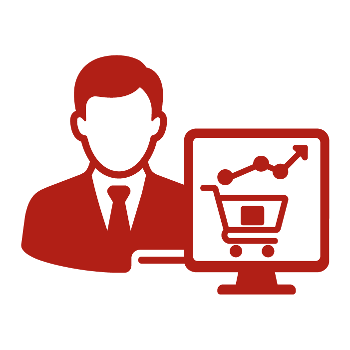 Gerente frente a un monitor con un carrito de compras y un gráfico de ventas ascendente, representación de la gerencia de e-commerce y sus resultados comerciales.