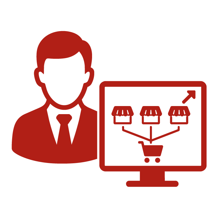 Director frente a un monitor con tres tiendas virtuales conectadas mediante flechas a un carrito de compras, representación de la gestión de marketplaces.