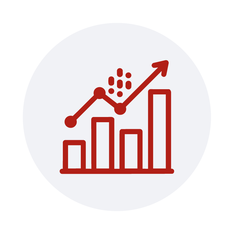 Gráfico de barras acompañado por una línea de datos ascendente, puntos de medición y una flecha de crecimiento, representación de KPI de e-commerce.