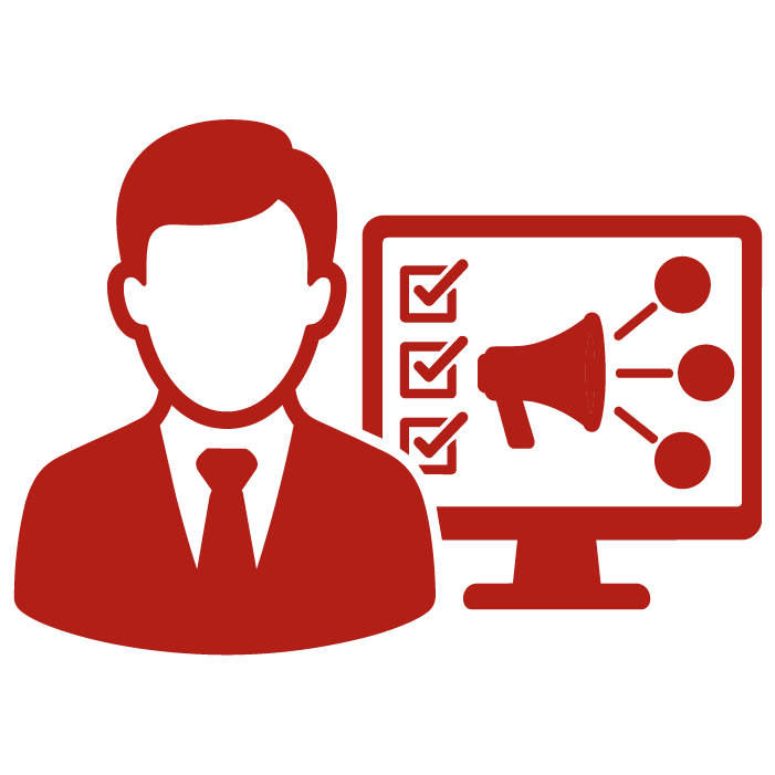 Coordinador frente a un monitor con una lista de verificación, un megáfono y nodos conectados, representación de la planificación de marketing digital.