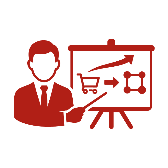 Consultor frente a una pizarra con un carrito de compras, una flecha ascendente y nodos conectados, representación de procesos de transformación digital en e-commerce.