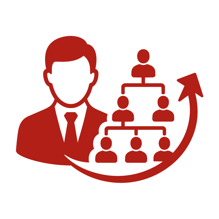 Directivo junto a una estructura jerárquica de personas y una gran flecha ascendente que representa crecimiento y desarrollo organizacional.