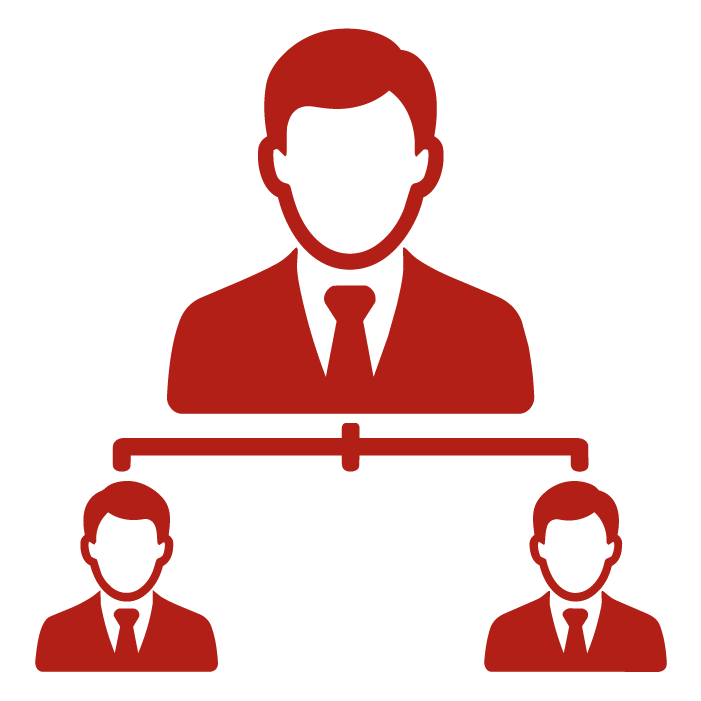 Figura de un directivo conectada mediante una estructura jerárquica con dos integrantes de su equipo.