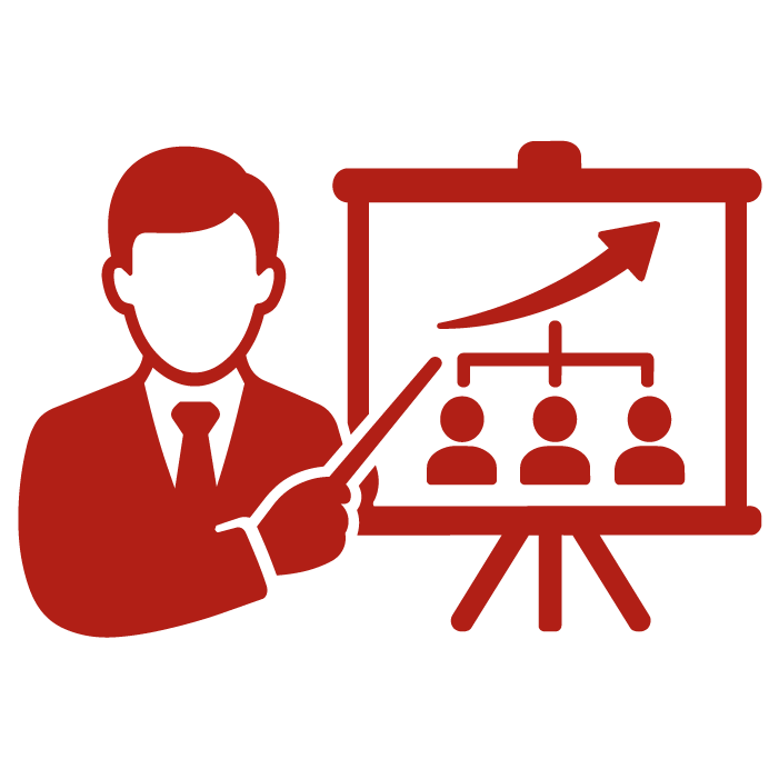 Directivo señalando una presentación con un organigrama y una flecha ascendente para representar estrategia, liderazgo y crecimiento del equipo.