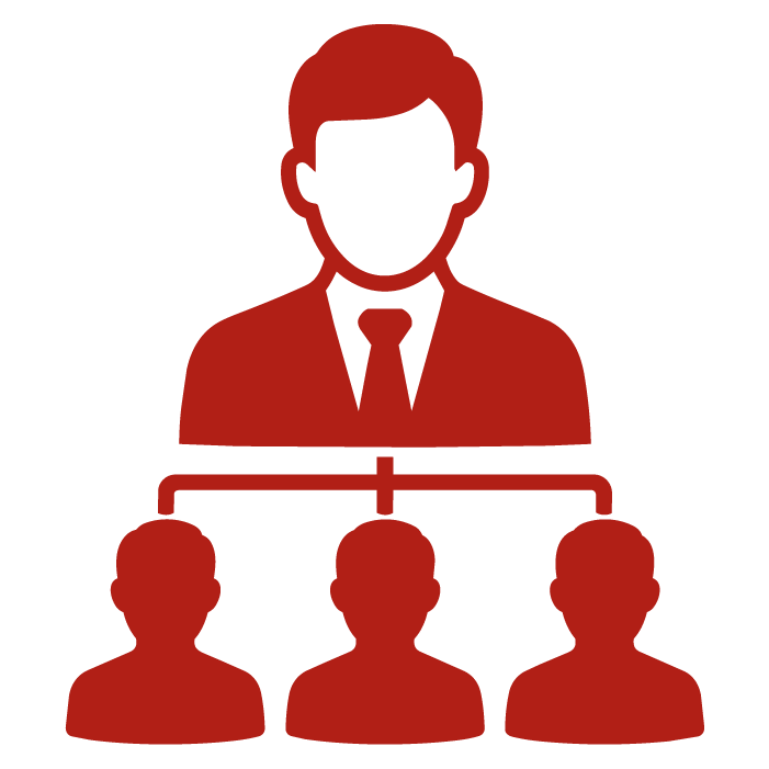 Líder ubicado sobre un organigrama con tres integrantes de equipo, representación de liderazgo y estructura organizacional.