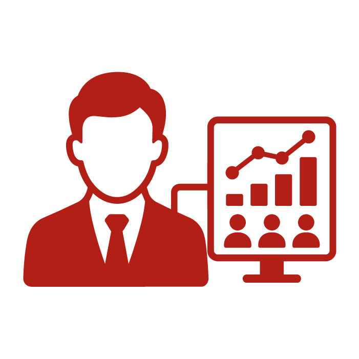 Profesional junto a una pantalla con gráfico ascendente, barras e íconos de personas que representan indicadores de gestión del talento.