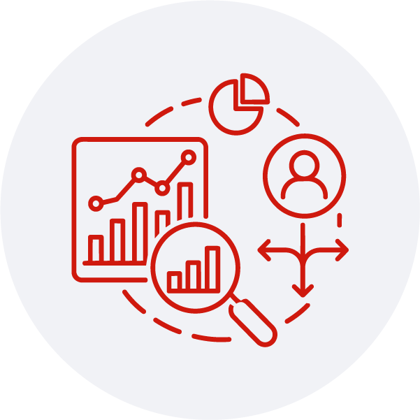 Ícono WebP de automatización de contenidos con IA con dashboard, lupa, usuario y métricas para optimizar resultados digitales.