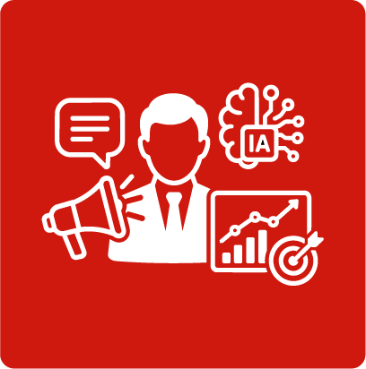 Ícono WebP de data analytics para marketing con profesional, megáfono, cerebro IA, gráfica y objetivo para comunicación basada en datos.