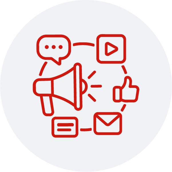 Ícono WebP de especialización en comunicación y transformación digital con megáfono, chat, video, correo y reacciones para difusión multicanal.