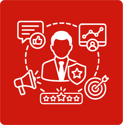 Ícono WebP de especialización en IA generativa con líder digital, megáfono, métricas, reputación y objetivo estratégico de comunicación.