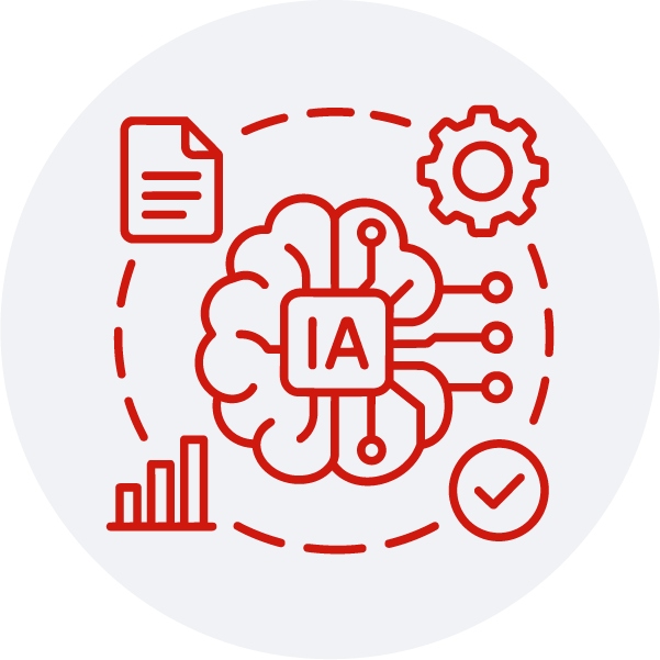 Ícono WebP de inteligencia artificial para comunicadores con cerebro IA, engranaje, nodos, documento y gráfica para procesos digitales.