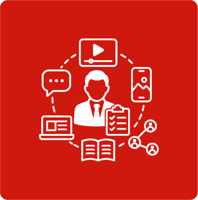 Ícono WebP de liderazgo digital con profesional, megáfono, laptop, video, chat, libro y móvil para ecosistemas de comunicación multicanal.