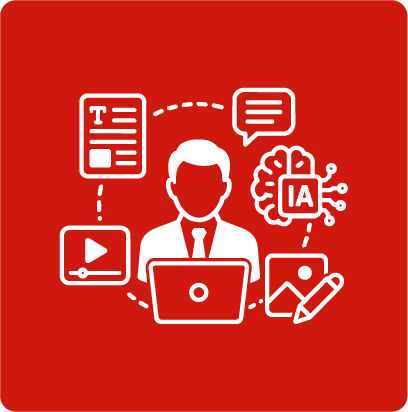 Ícono WebP de narrativas transmedia con profesional en laptop, IA, video, chat, móvil y herramientas para contenidos 