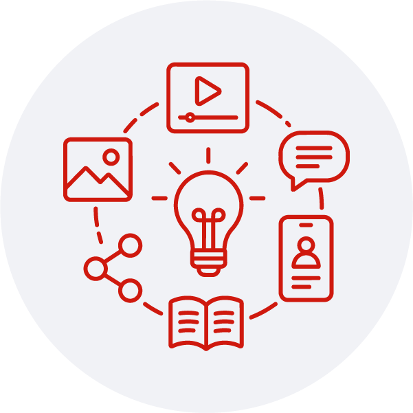 Ícono WebP de prompts para marketing con bombillo, video, imagen, chat, móvil y libro para idear contenidos digitales con IA.