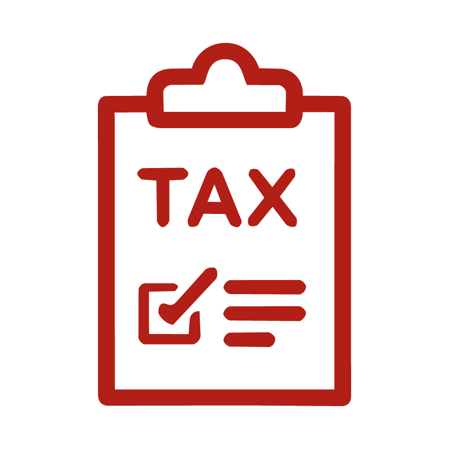 ícono de documento tipo formulario con texto TAX, representación de dirección y gestión en áreas contables y tributarias dentro de organizaciones