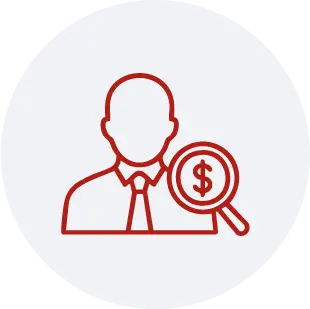 Icono de profesional con lupa de auditoría y símbolo de dólar para la especialización en tributaria.